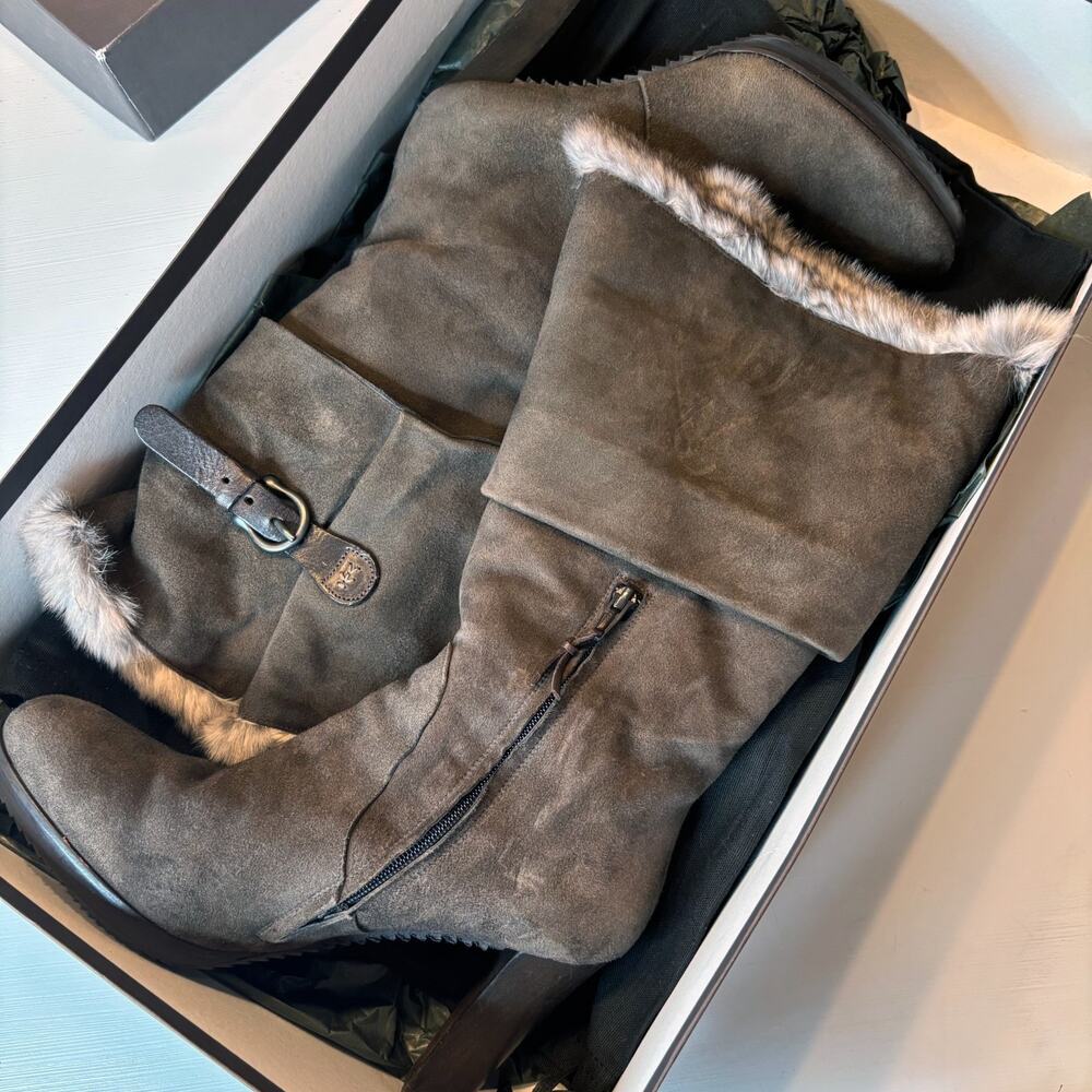 Henry Beguelin Suede Fur Trim Knee High Boots Women's US Sz 9 Brown Buckle Heel